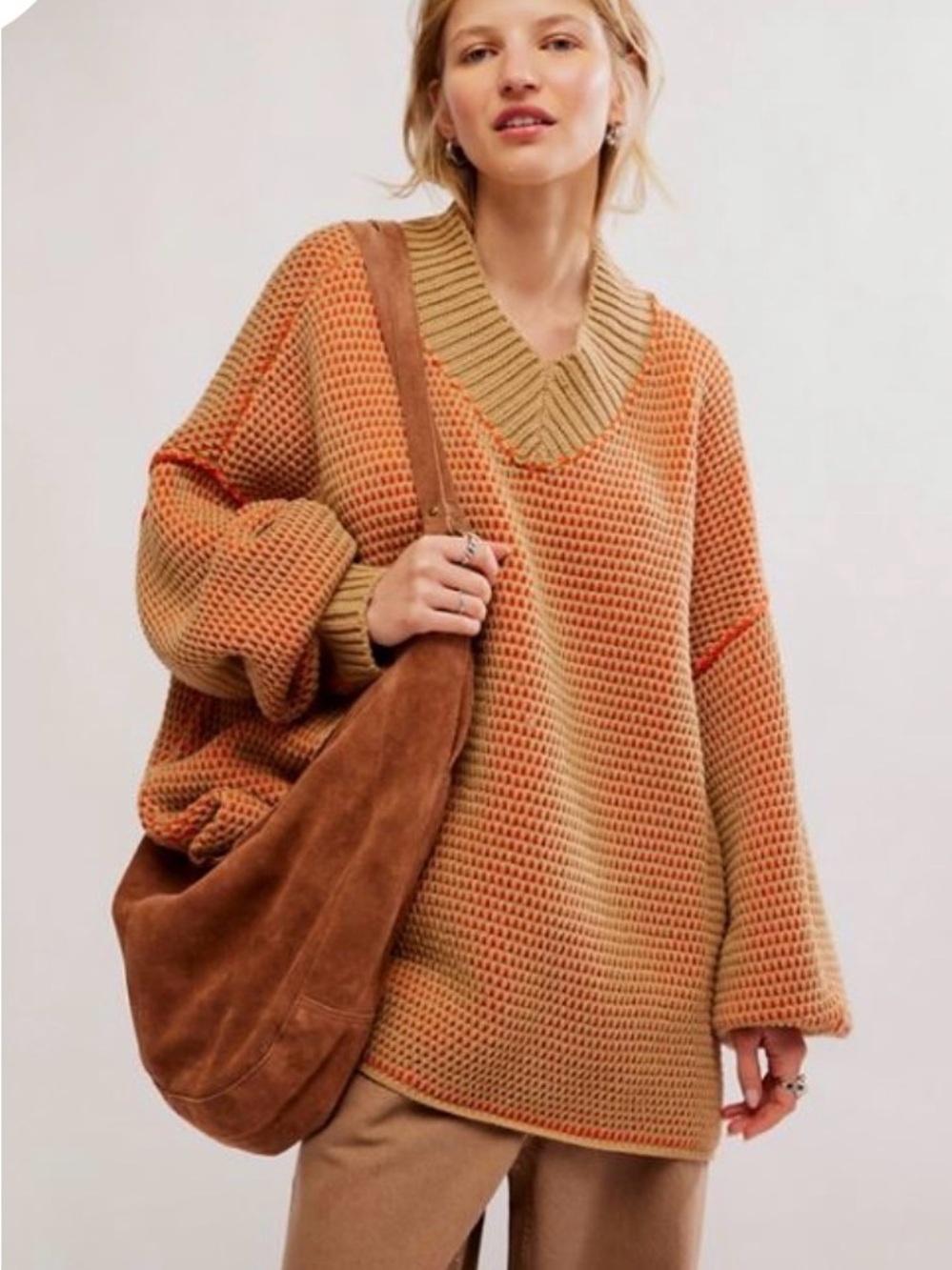 Free People Two-Tone Burnt Orange V-Neck Waffle Knit Sweater